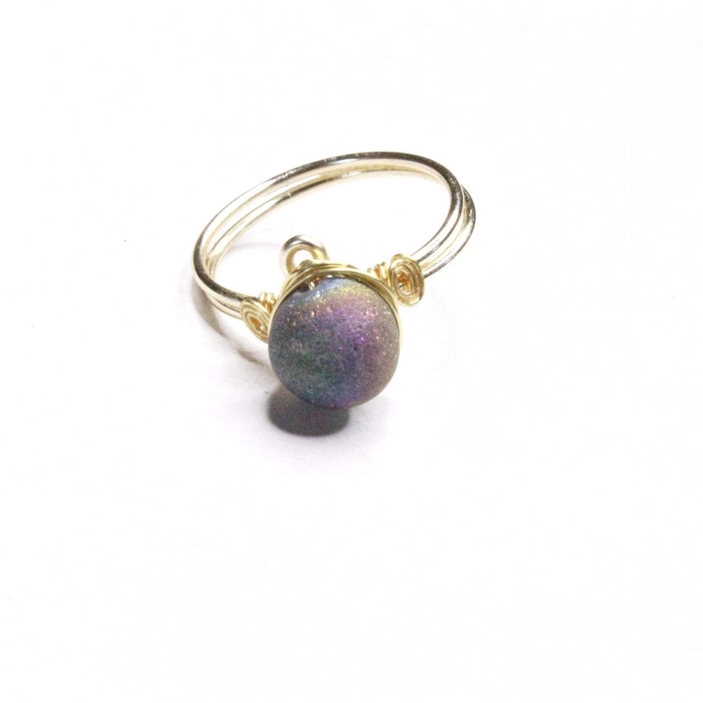 Wire Wrapped Purple and Blue Glitter Stone Ring